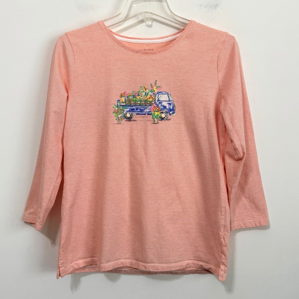 Talbots Peach Striped Tee Shirt S Flowers Truck 3/4 Sleeve Popover Spring Casual